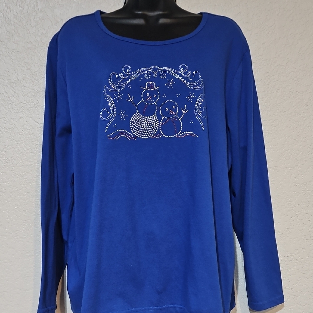 Holiday Traditions | Women's Royal Blue Long Sleeve Studs Embroidered Snowman 1X